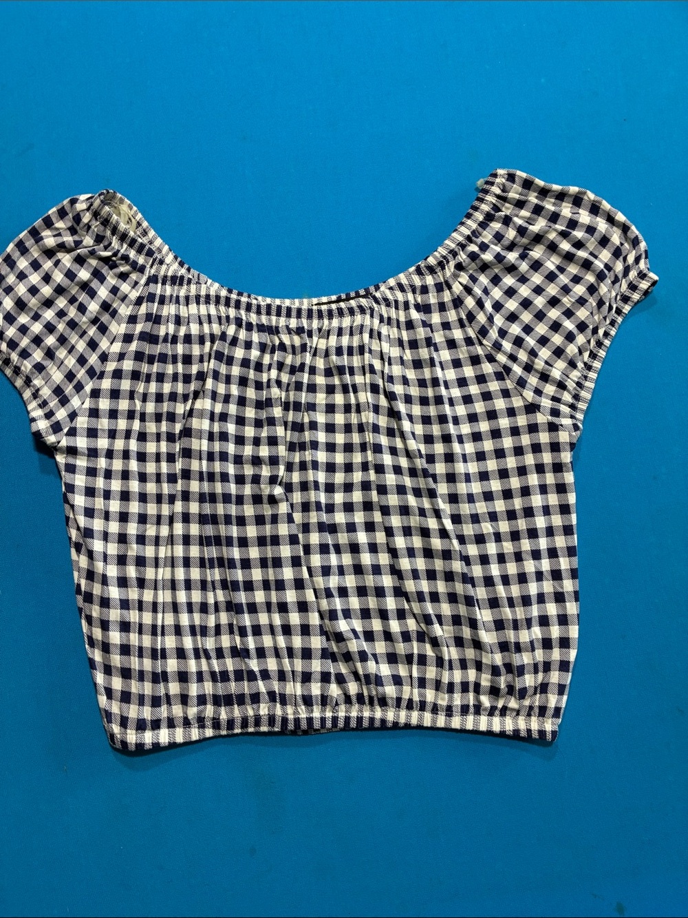 BOGO FREE- About A Girl Navy and White Gingham Off-Shoulder Crop Top- Size XL